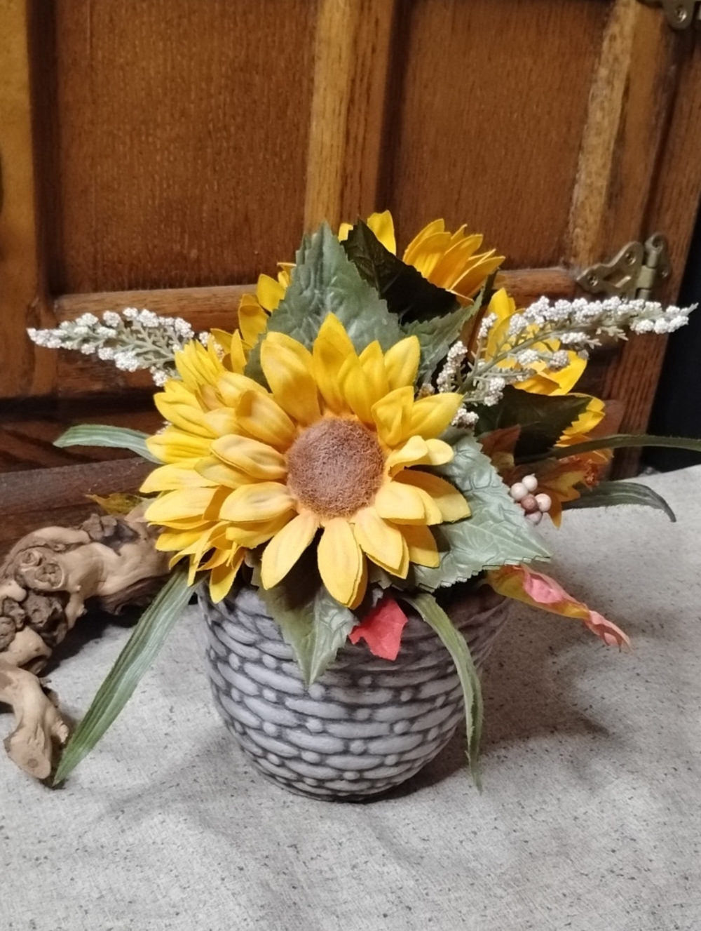Sunflower Faux Floral Arrangement in Gray Woven Vase -